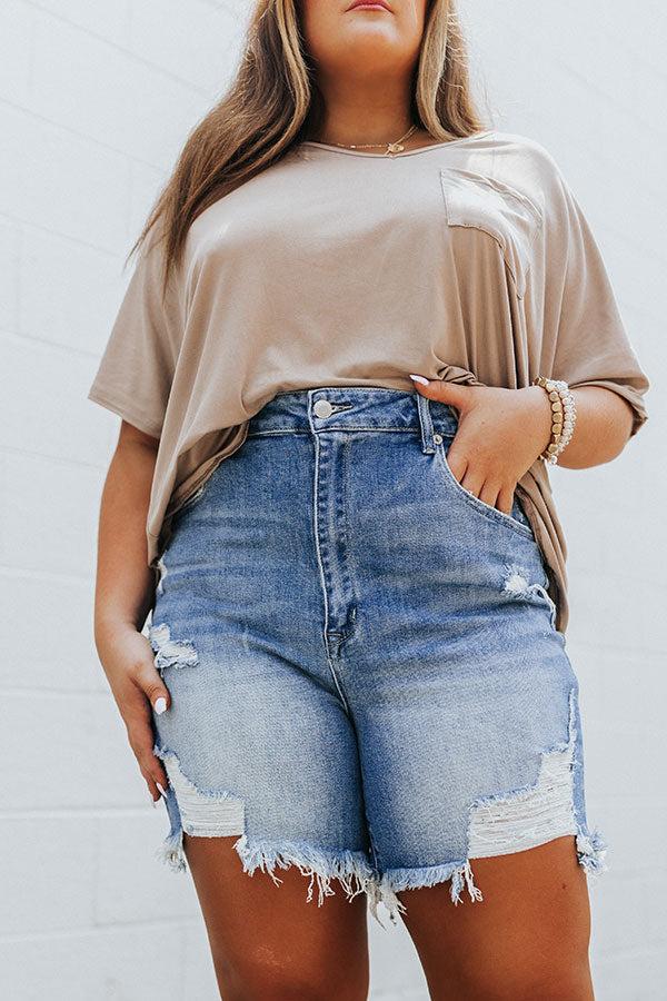 Risen Mel High Waist Distressed Shorts In Medium Wash Curves Product Image