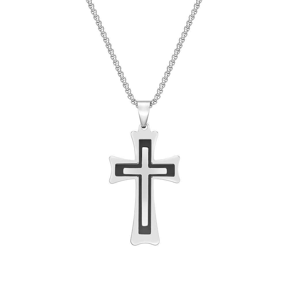 Men's LYNX Black Ion-Plated Stainless Steel 3 Layer Cross Pendant Necklace, Size: 22", Two Tone Product Image