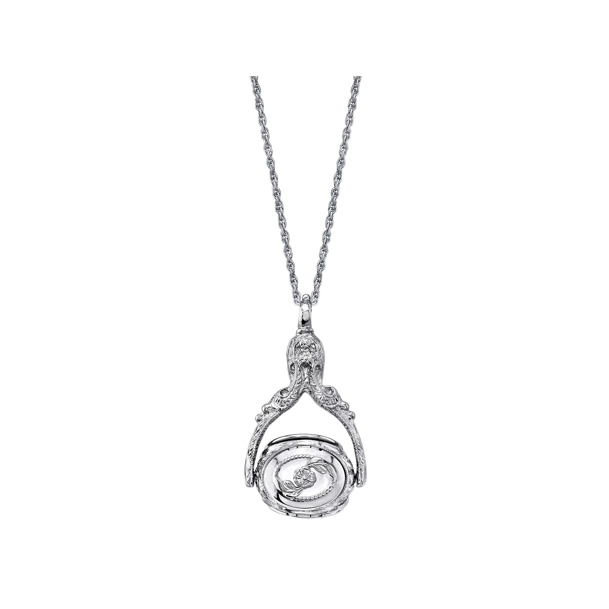 1928 Ornate Locket Pendant Necklace, Womens Silver Tone Product Image