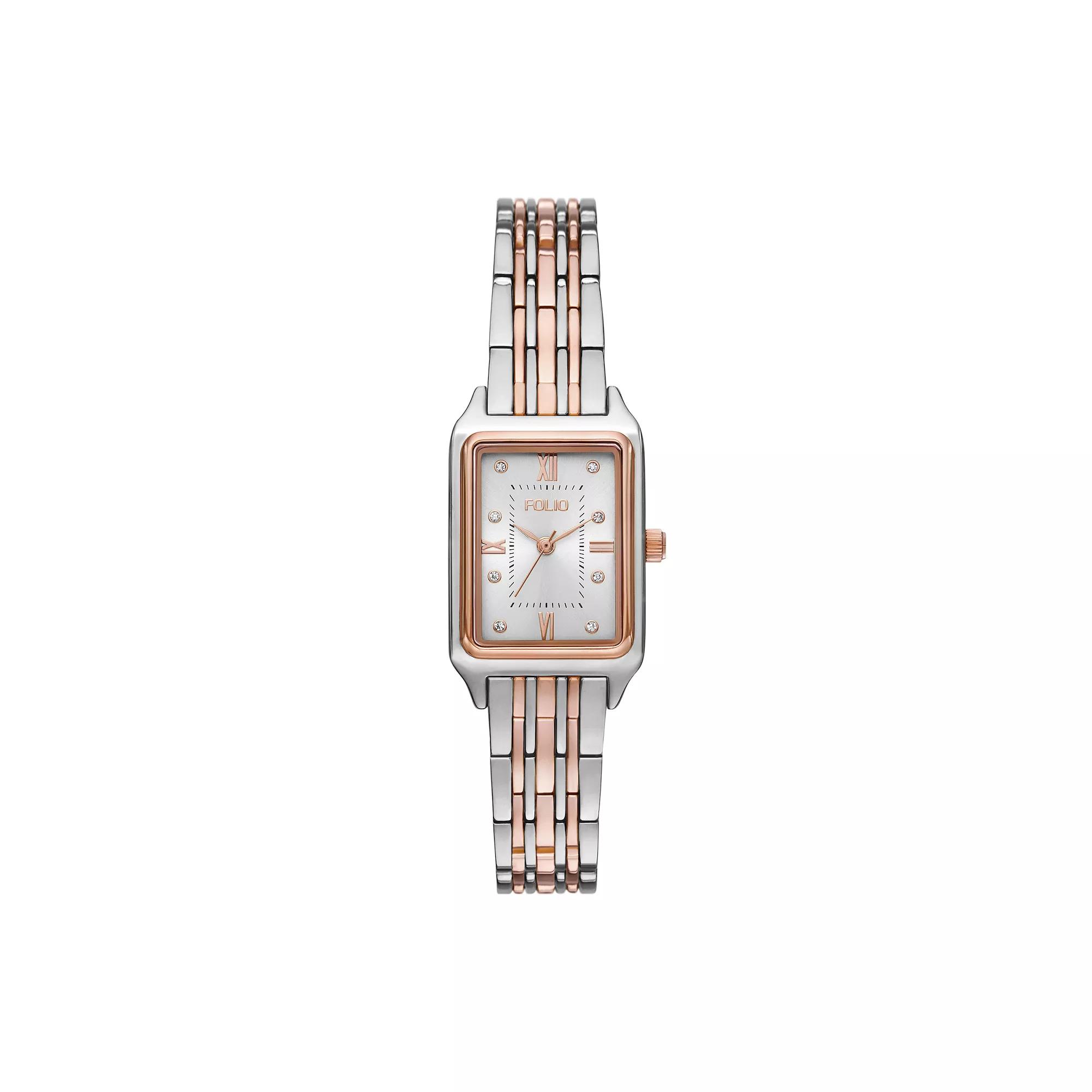 Folio Women's Rectangular Bracelet Watch, Two Tone Rose Silver Product Image