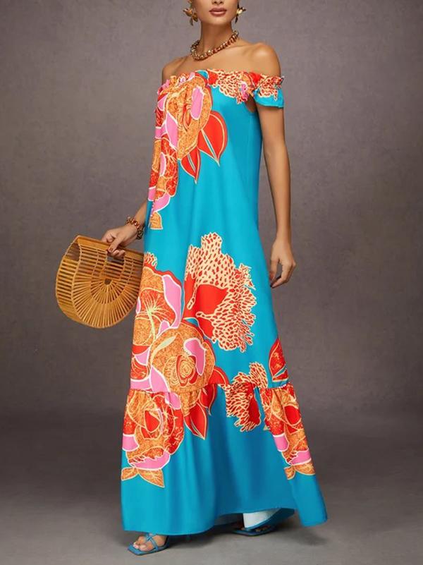 A-Line Loose Elasticity Flower Print Pleated Split-Joint Off-The-Shoulder Maxi Dresses Product Image