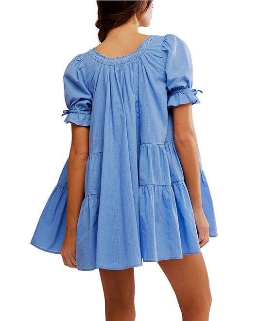 Free People Sandy Shores Scoop Neck Short Puff Sleeve Tiered Babydoll Mini Dress Product Image