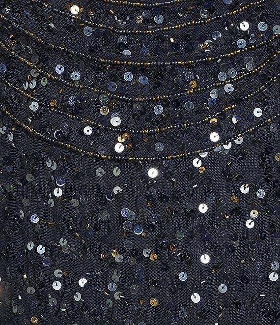 Pisarro Nights Draped Neck 3/4 Sleeve Beaded Mesh Column Gown Product Image