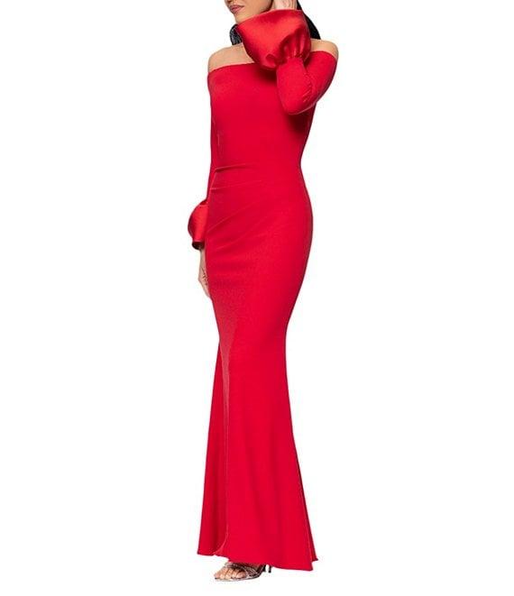 Betsy & Adam Off-The-Shoulder Mikado Bell Sleeve Side Ruched Scuba Crepe Sheath Gown Product Image