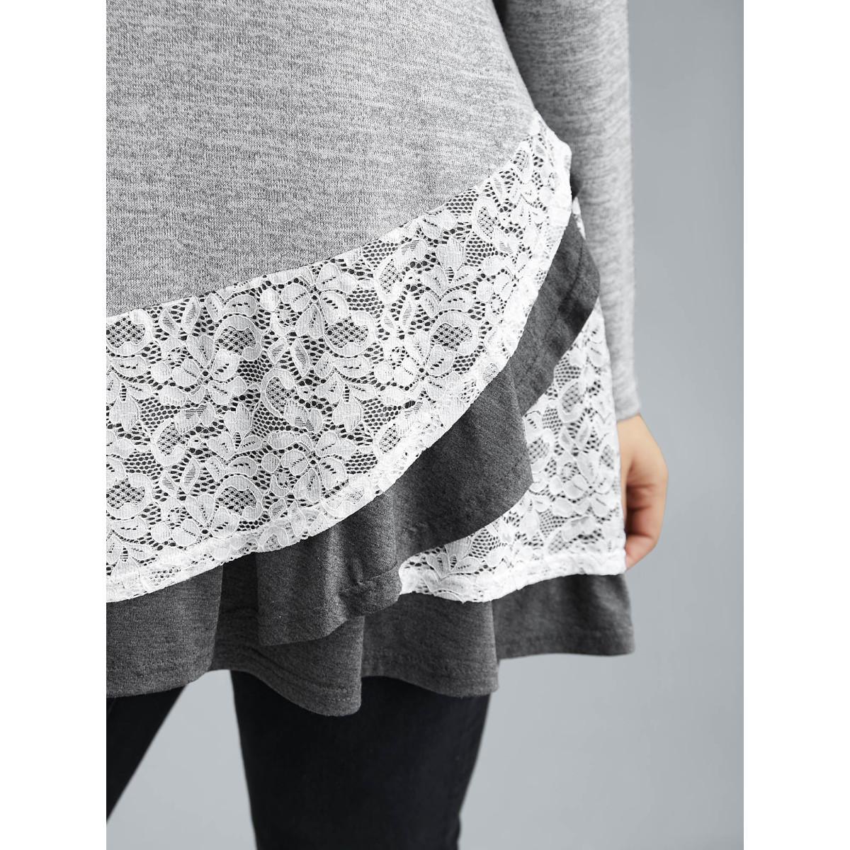 Plus Size Lace Overlap Hem Round Neck T-Shirt LightGray Women Casual Overlapping Round Neck Everyday T-shirts BloomChic 12/L Product Image