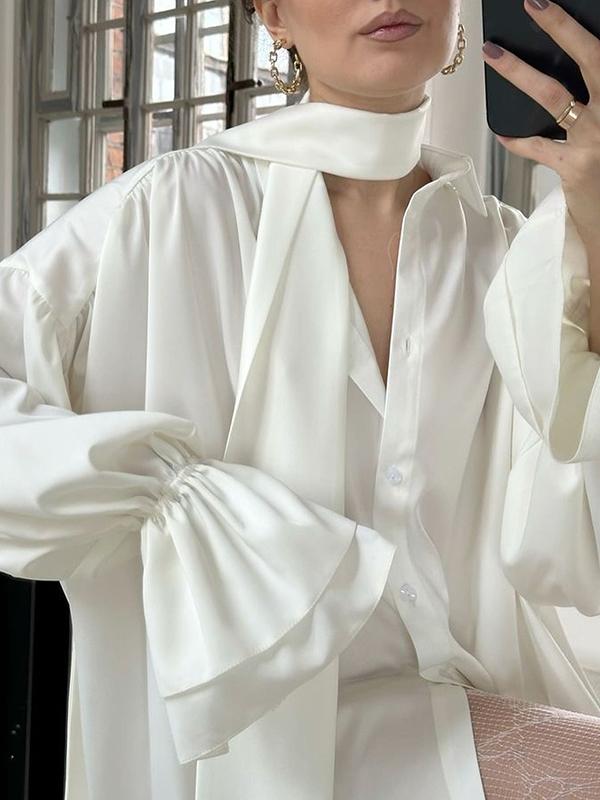 Flared Sleeves Long Sleeves Double Layered Elasticity Solid Color Tied V-Neck Blouses&Shirts Tops Product Image