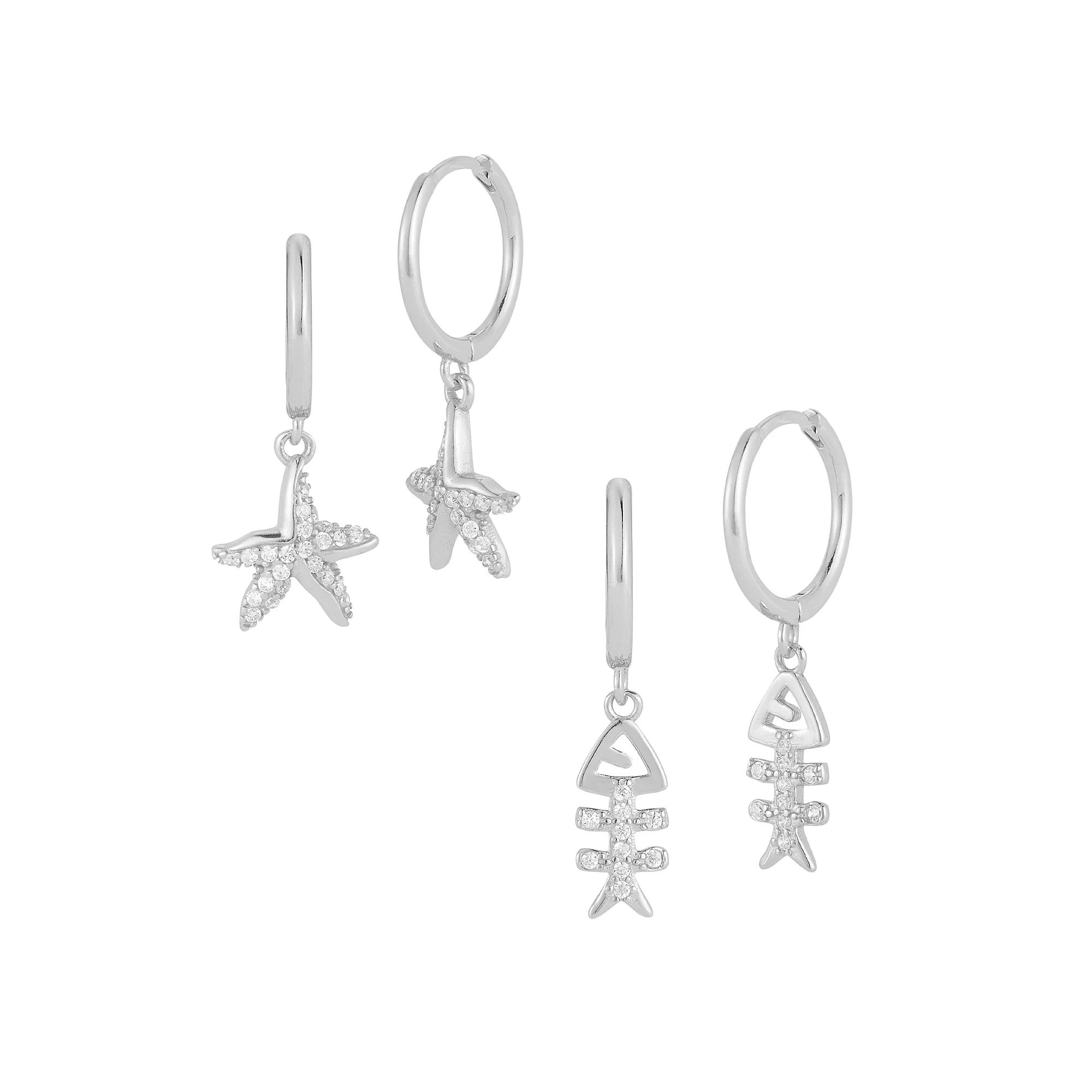 Sunkissed Sterling Cubic Zirconia Nautical Charm Huggie Hoop Earring Set, Women's, Silver Tone Product Image