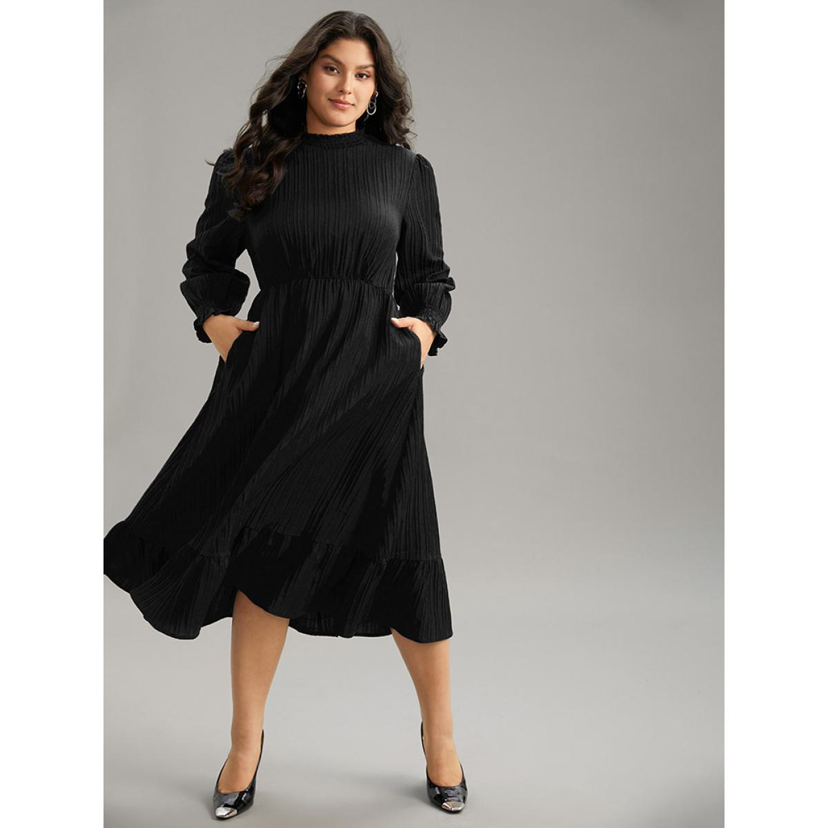 Plus Size Plain Texture Elastic Waist Frill Trim Shirred Dress Black Women Office Texture Mock Neck Long Sleeve Curvy Midi Dress BloomChic 30/6X Product Image
