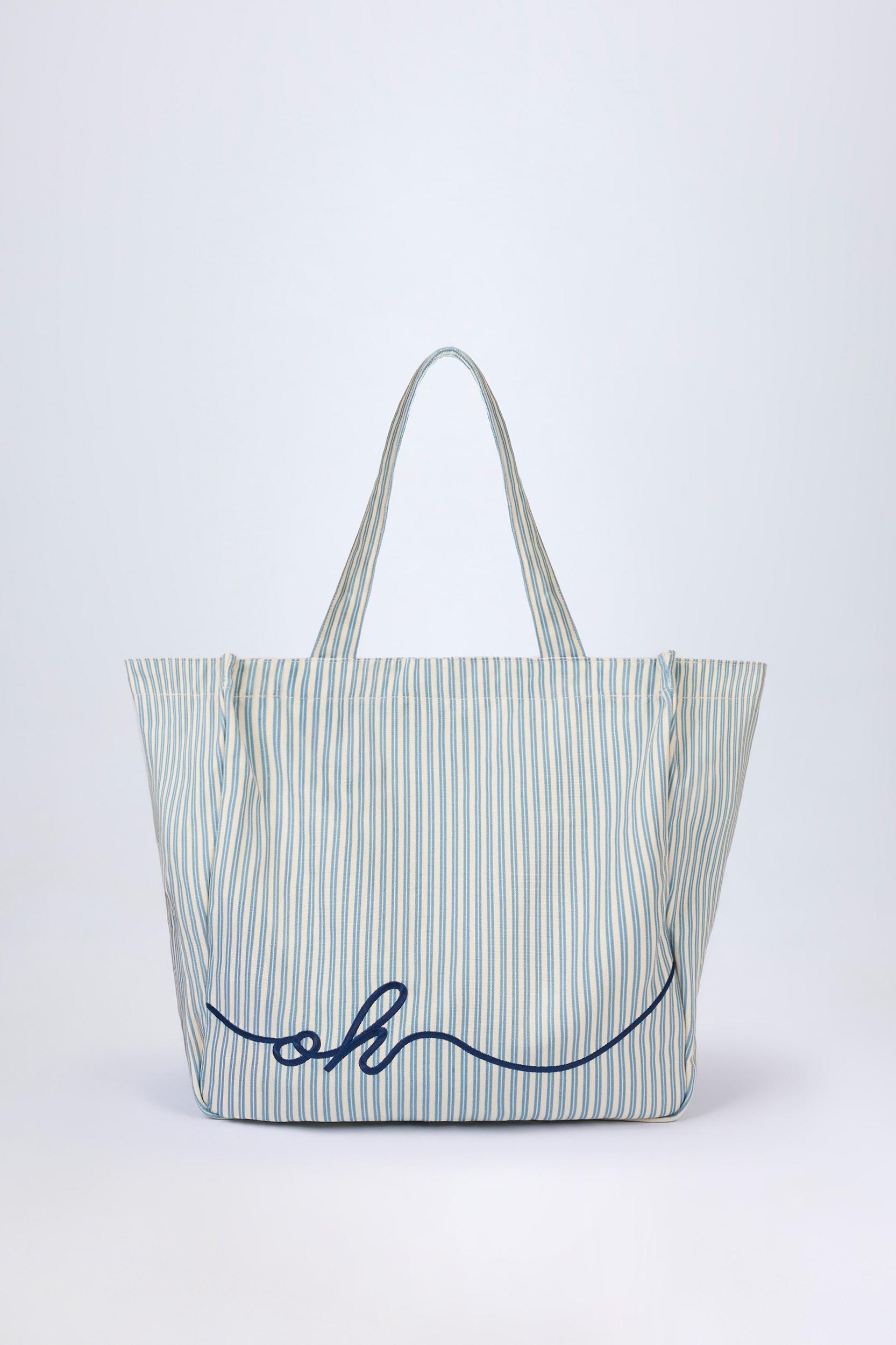 Oversized Canvas Tote Bag in Teal Blue Double Stripe Product Image