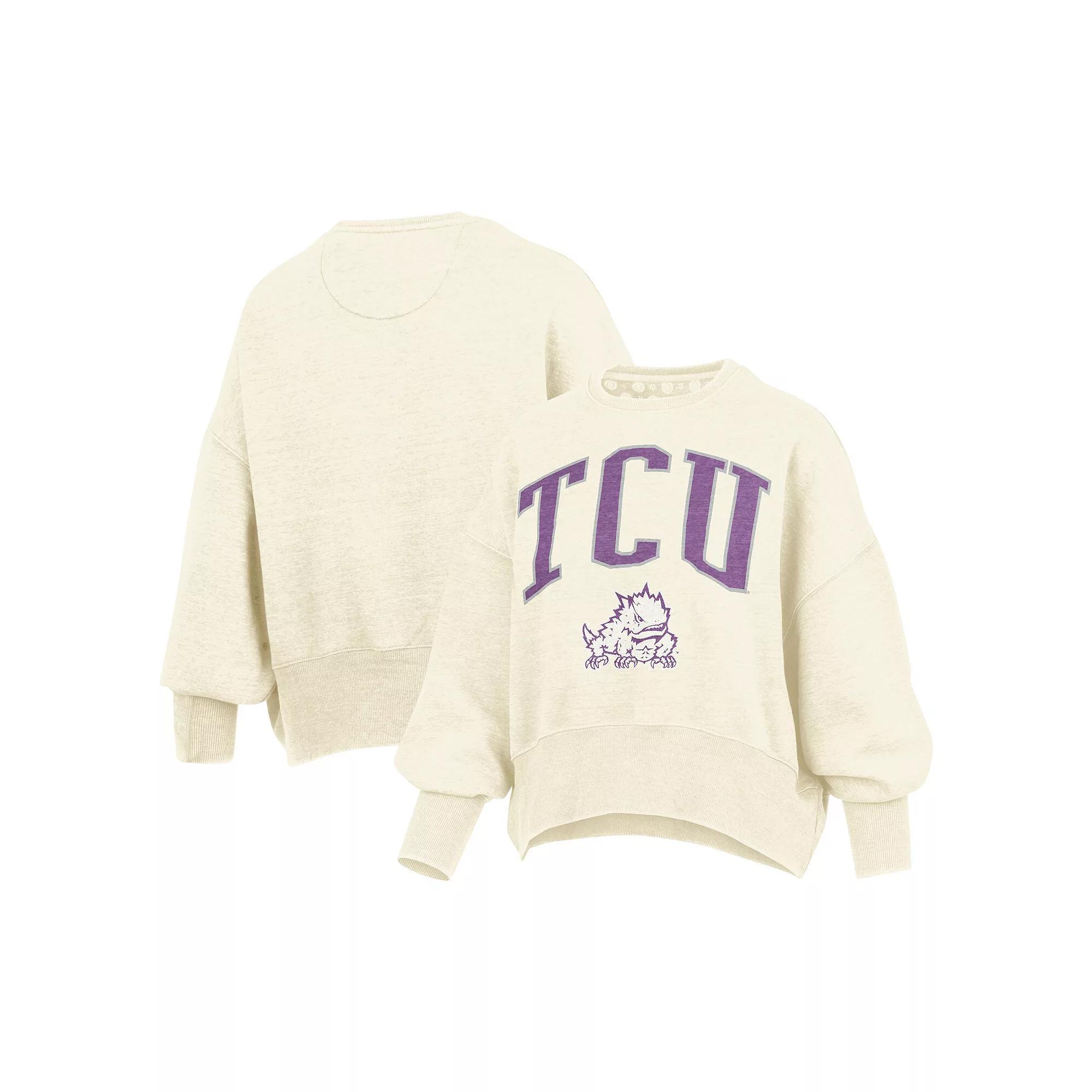 Women's Pressbox  Ivory TCU Horned Frogs��Oversized Waist-Length Crewneck Sweatshirt, Size: 2XL, Beige Product Image