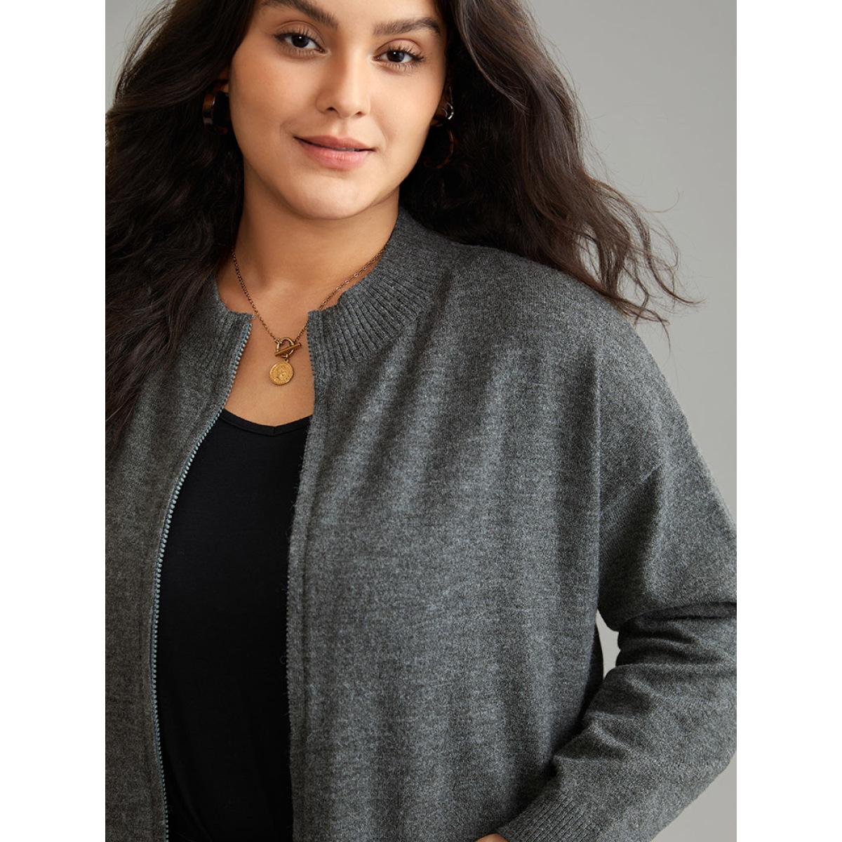 Plus Size Anti-Pilling Zipper Fly Patched Pocket Cardigan DimGray Women Casual Loose Long Sleeve Dailywear Cardigans BloomChic 14-16/1X Product Image