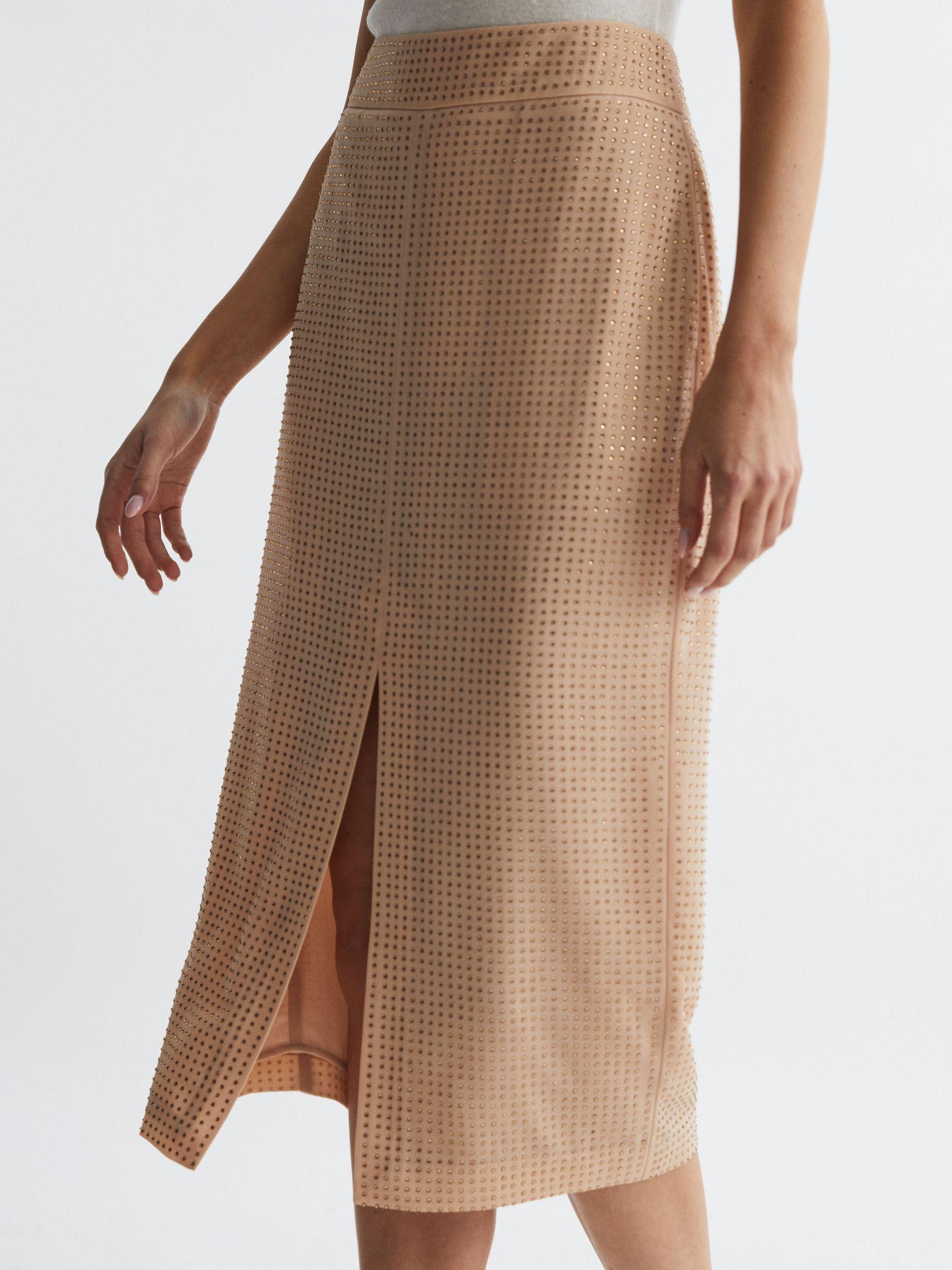Embellished High Rise Midi Skirt in Nude Product Image