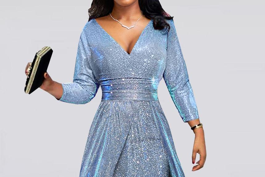 3/4-Sleeve V-Neck Glitter Jumpsuit Product Image