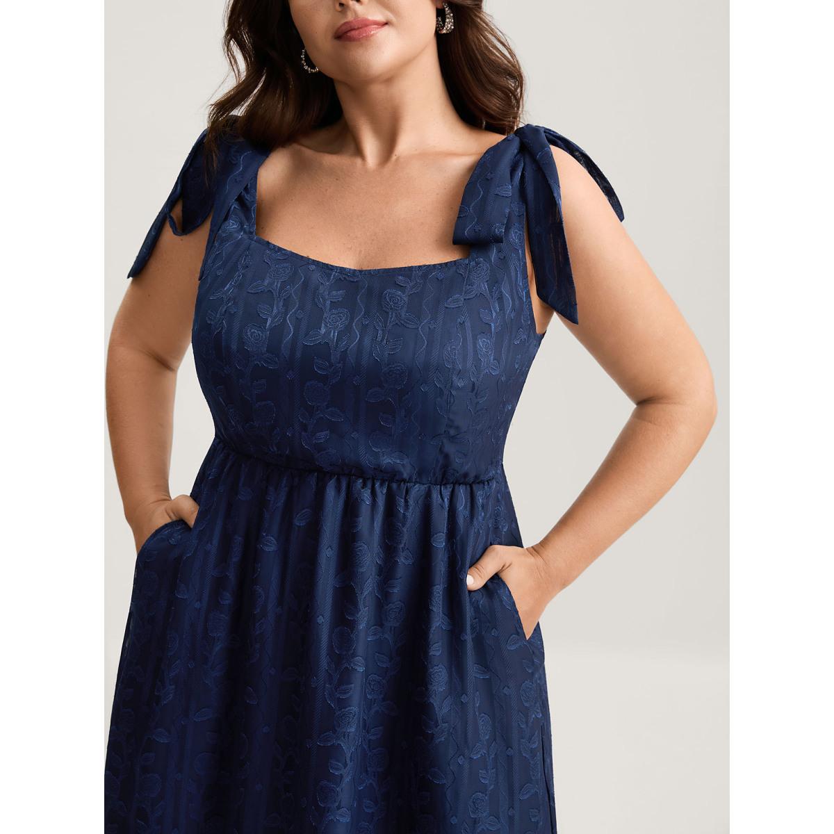 Plus Size Textured Shoulder Tie Cami Midi Dress DarkBlue Women Heart neckline Sleeveless Curvy BloomChic 30/6X Product Image