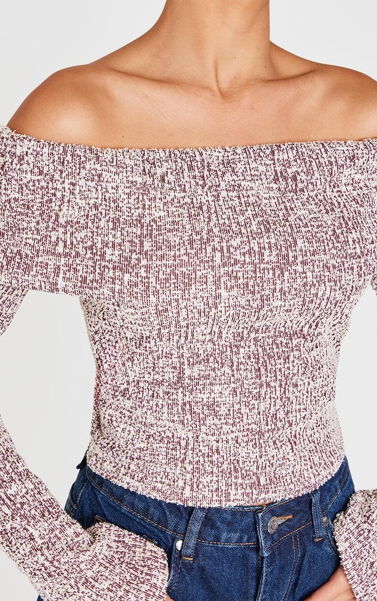 Burgundy Boucle Fold Over Bardot Long Sleeve Top Product Image