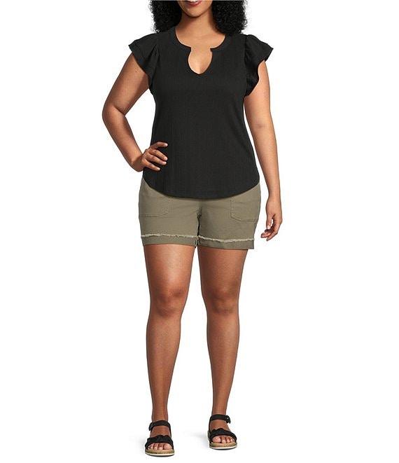 Democracy Plus Size Mix-Media Split V-Neck Cap Sleeve Shirttail Hem Knit Top Product Image