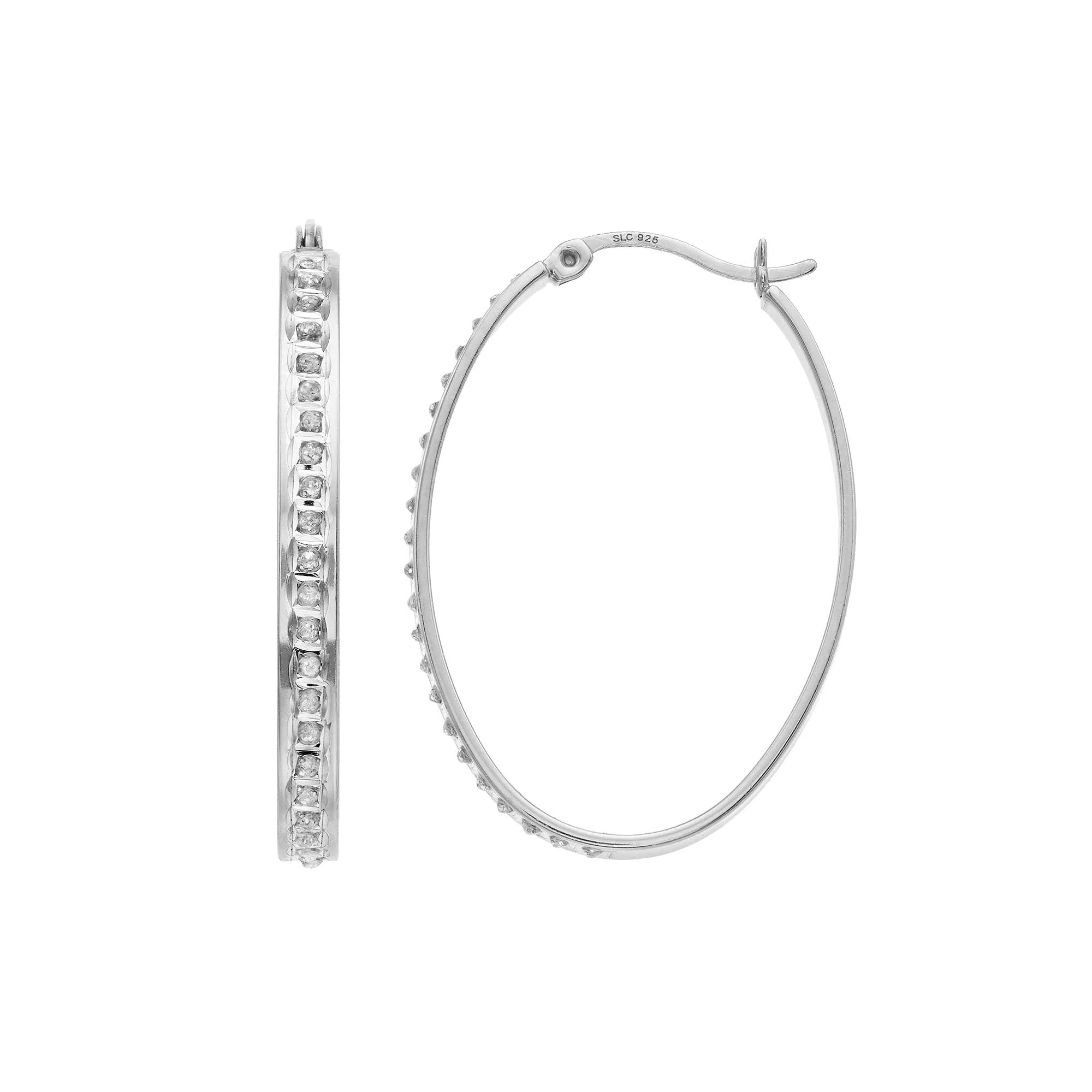 Diamond Mystique Oval Hoop Earrings, Women's, White Over Silver Product Image