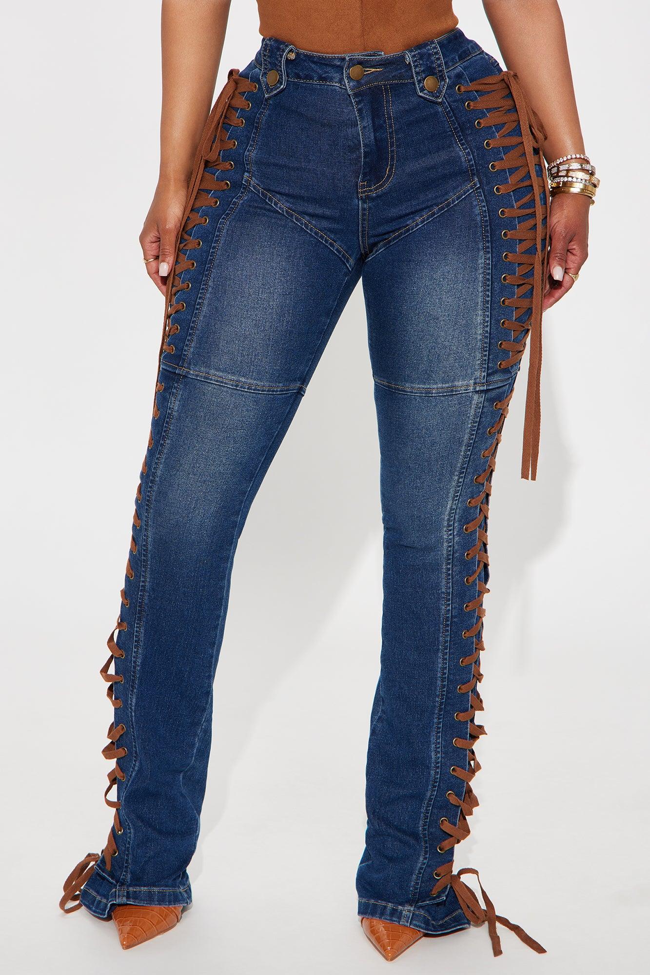 Jaw Dropper Stretch Lace Up Bootcut Jeans - Dark Wash Female Product Image
