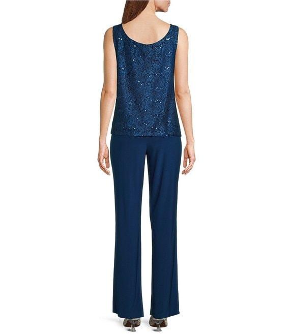 R & M Richards Sequin Glitter Scalloped Lace Scoop Neck 3/4 Sleeve 3-Piece Duster Pant Set Product Image