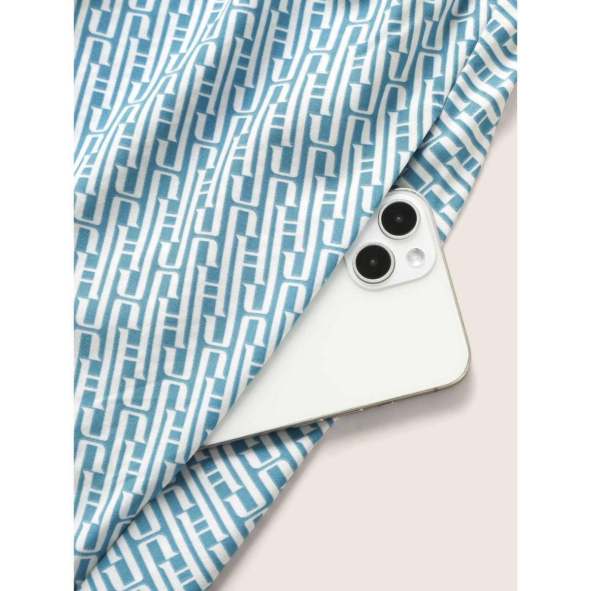 Plus Size Geometric Patchwork Shirred Flat Collar With V Notch Dress LightBlue Women Work From Home Patchwork Flat collar with V-notch Short sleeve Curvy Midi Dress BloomChic 26/4X Product Image