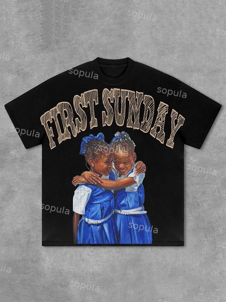 Retro First Sunday Faith Graphic Print Cotton T-Shirt Product Image