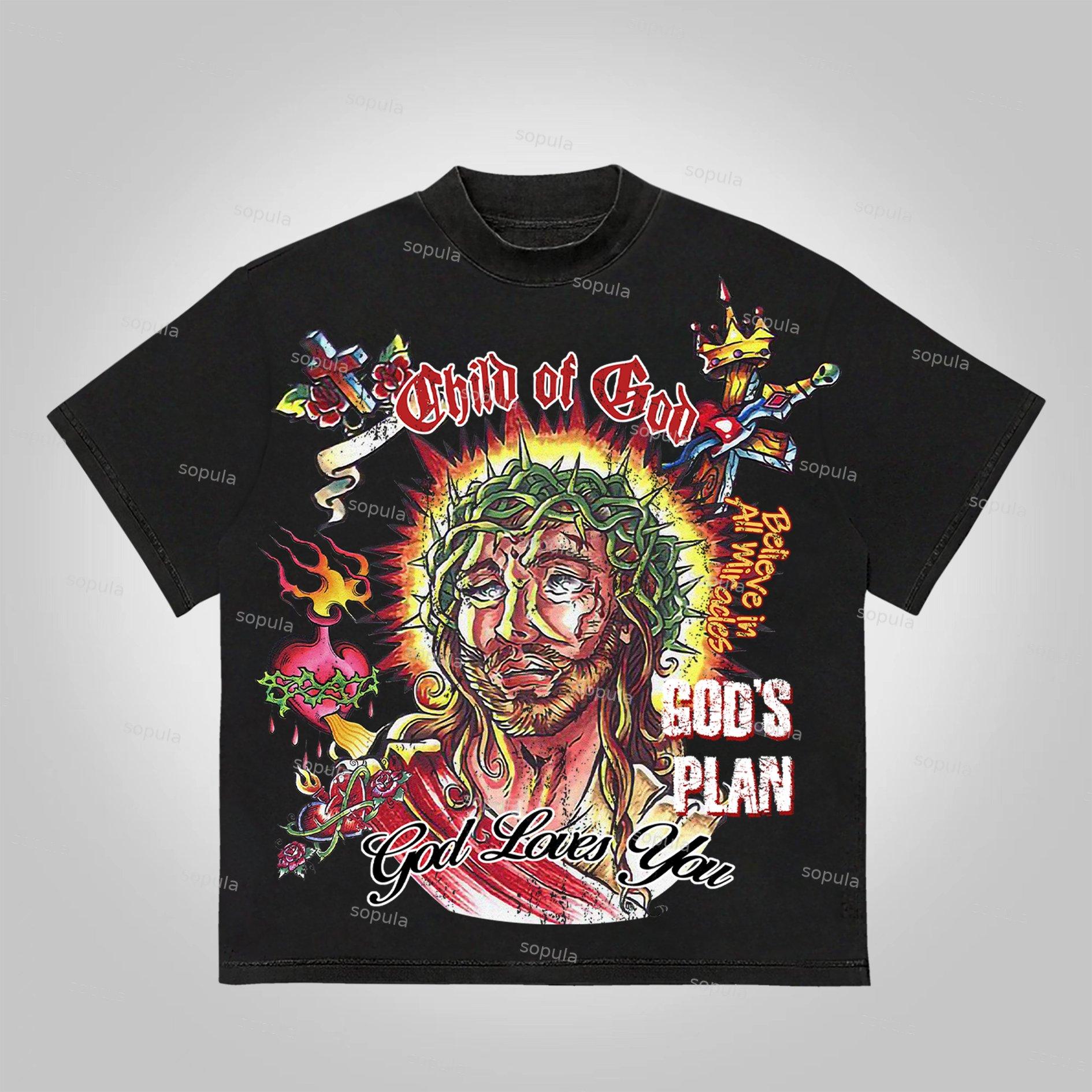 Sopula Jesus Portrait Faith Cross Graphic Print Cotton T-Shirt Product Image