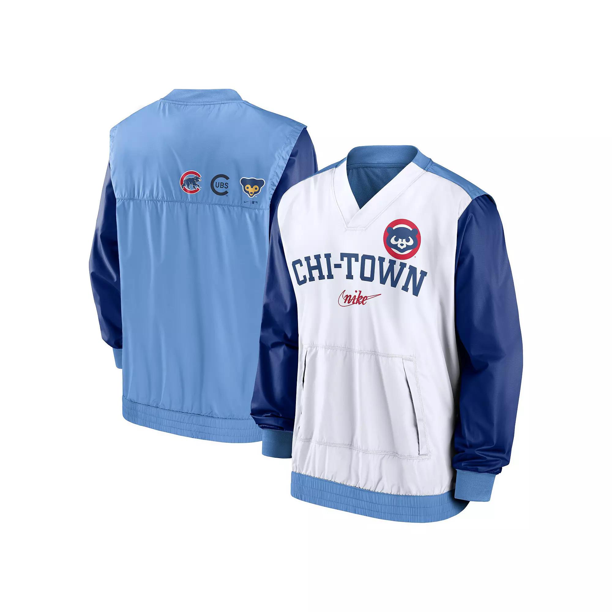 Men's Nike White/Light Blue Chicago Cubs Rewind Warmup V-Neck Pullover Jacket, Size: XL Product Image