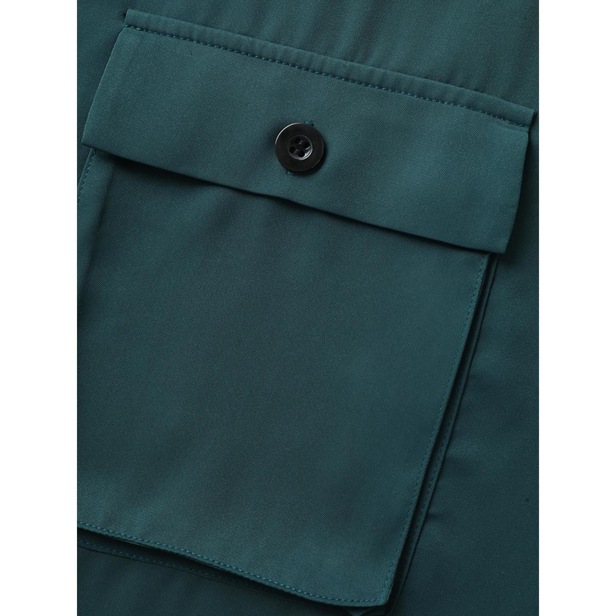 Plus Size Solid Waist Drawstring Pockets Midi Dress Cyan Women Flat collar with V-notch Half Sleeve Curvy BloomChic 28/5X Product Image