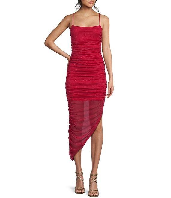 Jump Glitter Ruched Asymmetrical Hem Bodycon Dress Product Image