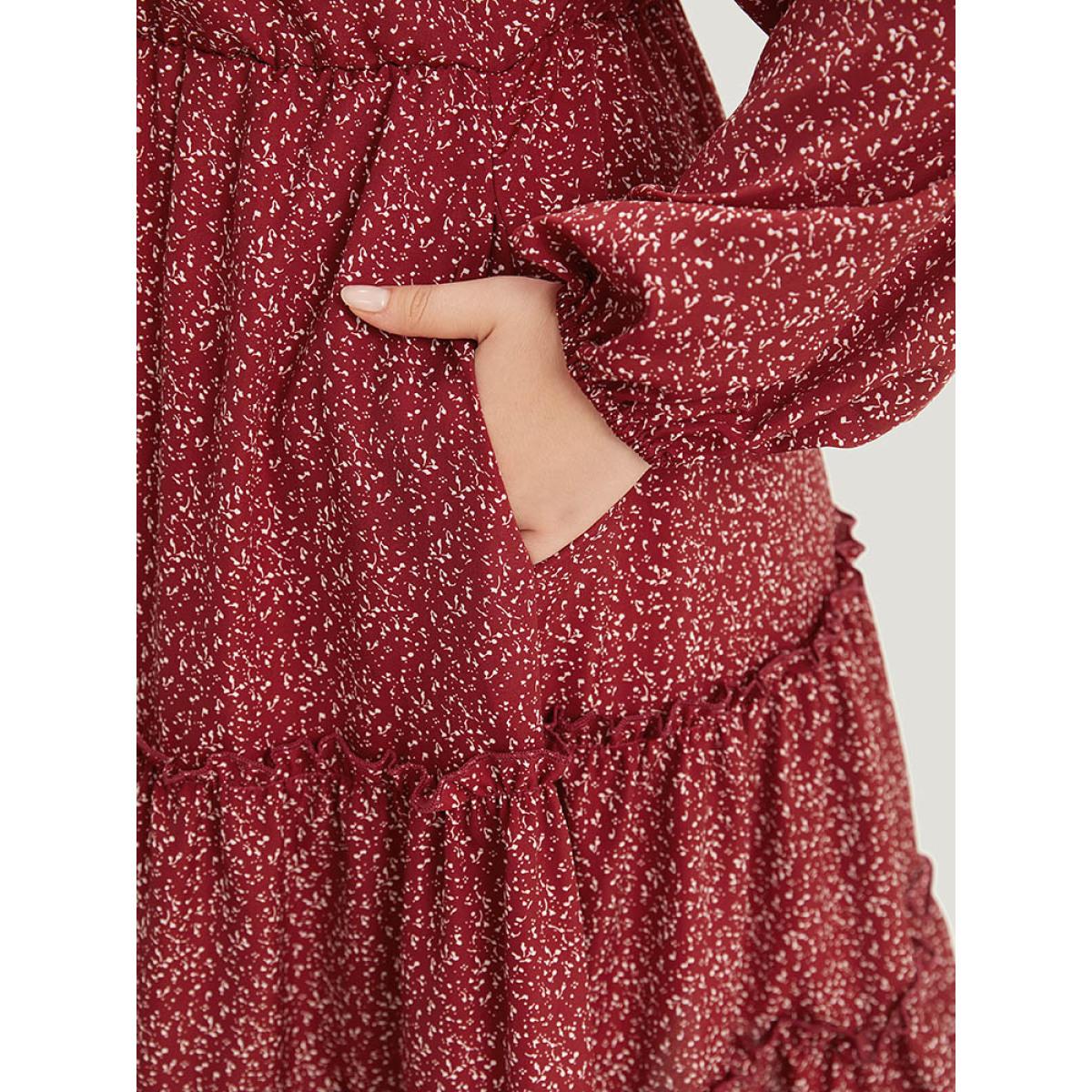 Plus Size Ditsy Floral V Neck Lantern Sleeve Ruffle Layered Hem Dress Scarlet Women Elegant Elastic cuffs V-neck Long Sleeve Curvy Midi Dress BloomChic 10/M Product Image