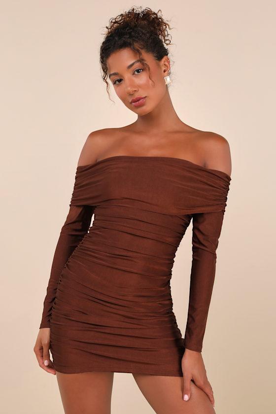 Sultry Influence Dark Brown Off-the-Shoulder Ruched Mini Dress Product Image