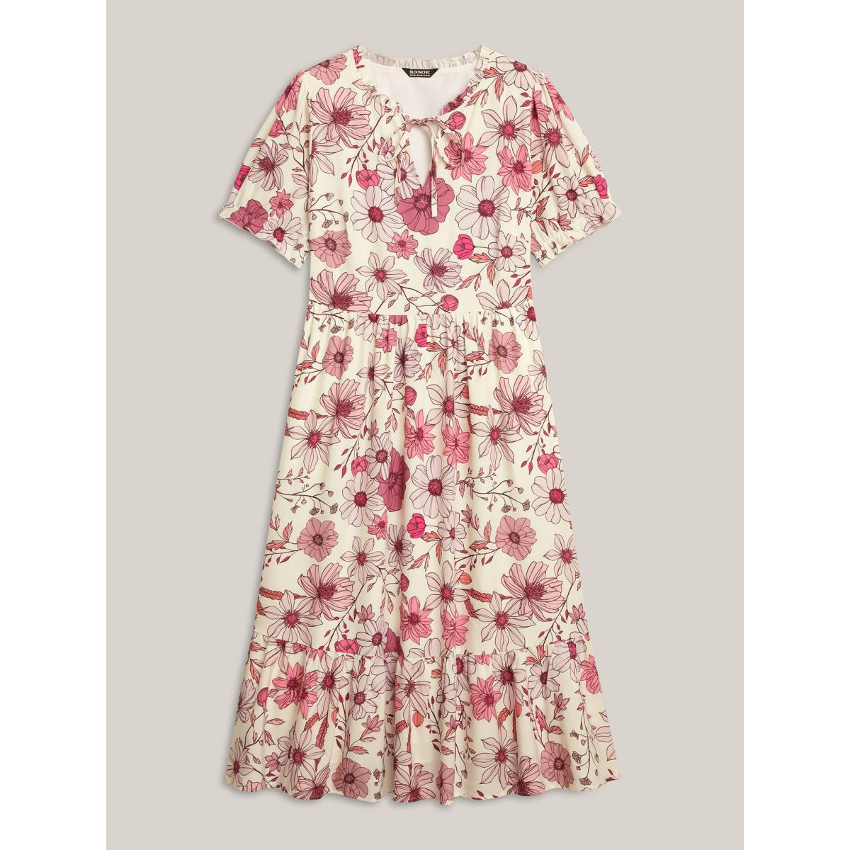Plus Size Floral Print Neck Tie Tiered Maxi Dress Blush Women Timeless Flat collar with V-notch Short sleeve Curvy BloomChic 12/L Product Image