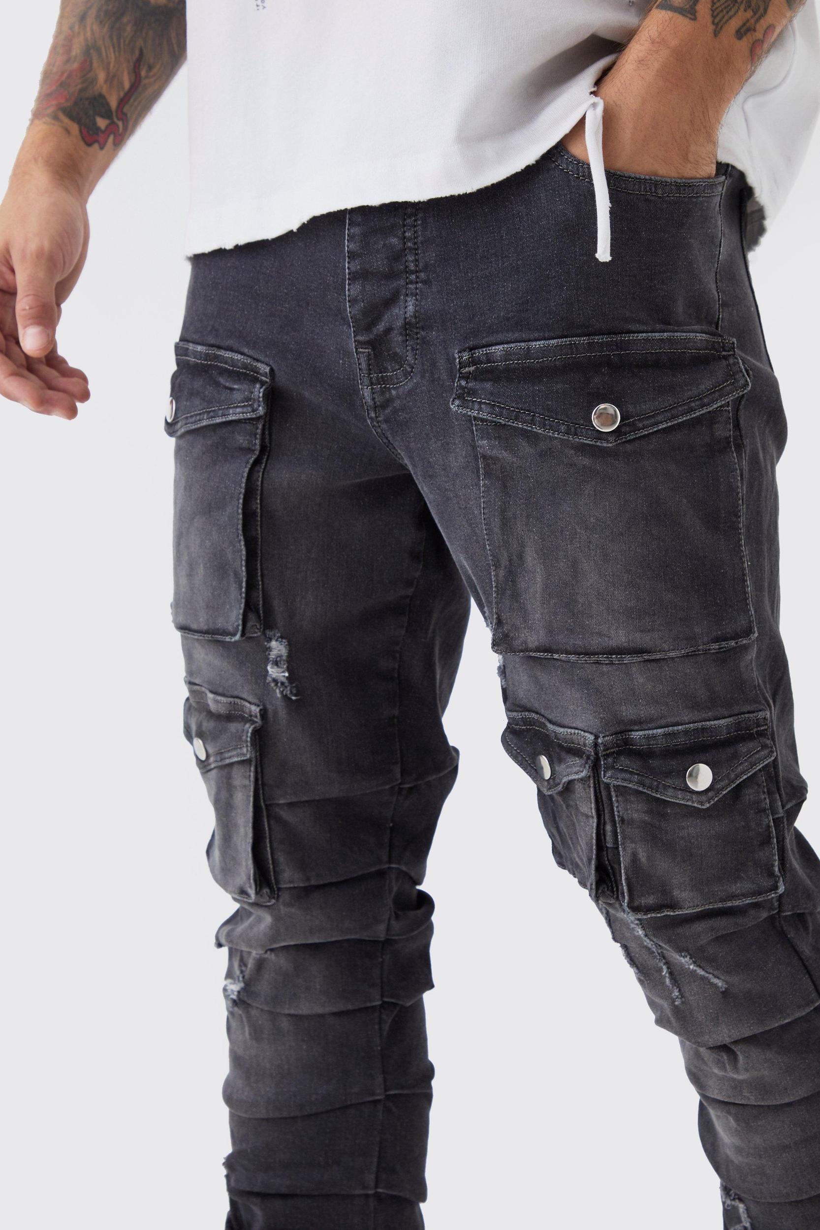 Skinny Stacked Multi Cargo Pocket Flared Jeans | boohooMAN USA Product Image