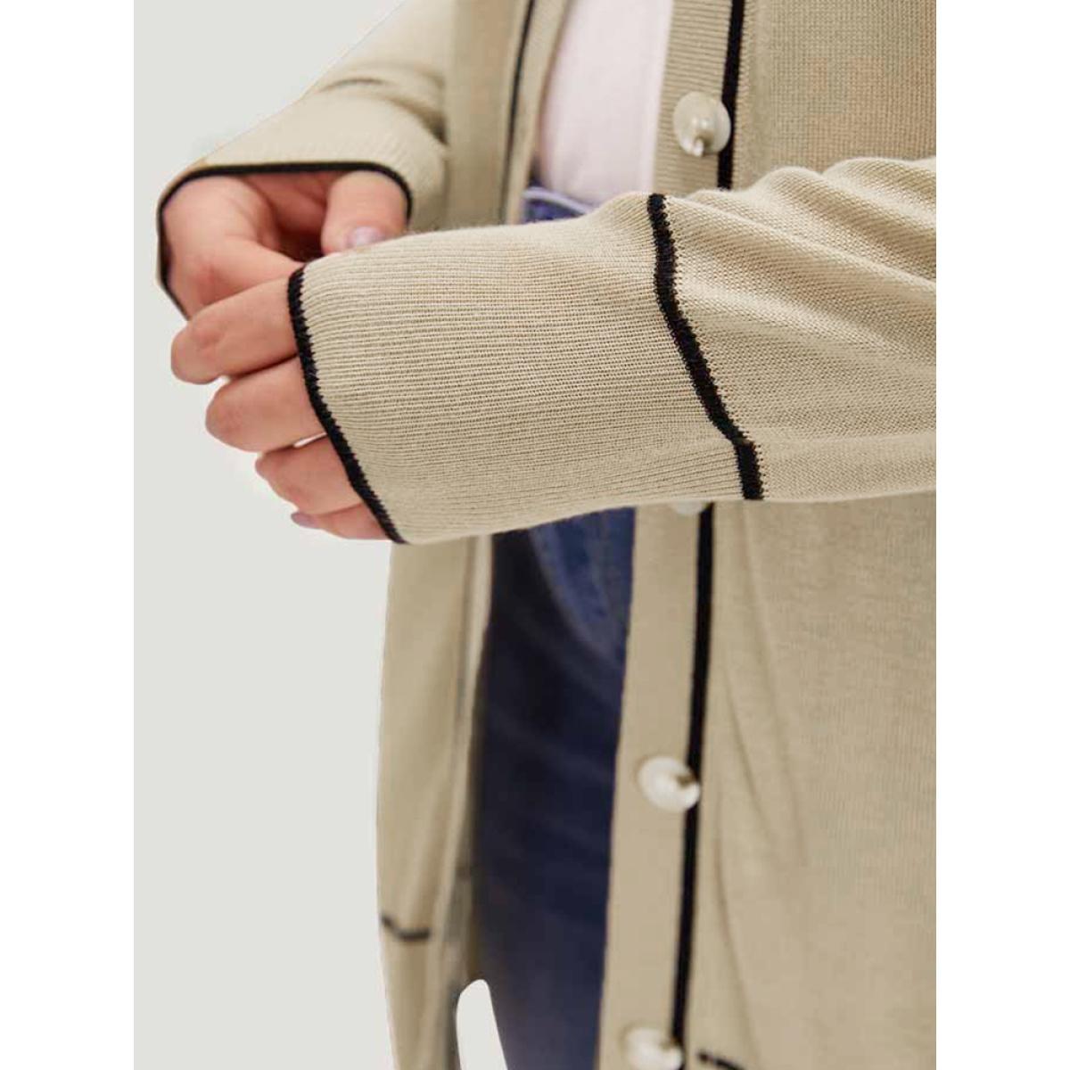 Plus Size Supersoft Essentials Contrast Trim Button Through Elastic Cuffs Cardigan Champagne Women Casual Loose Long Sleeve Dailywear Cardigans BloomChic 14-16/1X Product Image