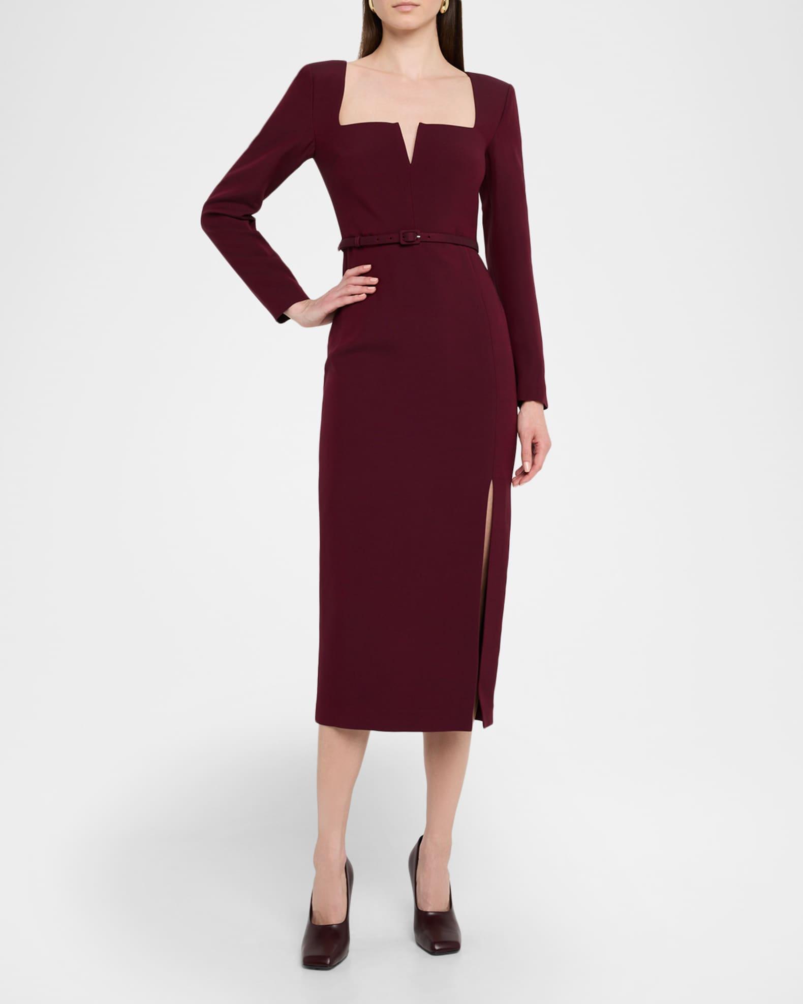 Long-Sleeve Belted Wool-Silk Midi Dress Product Image