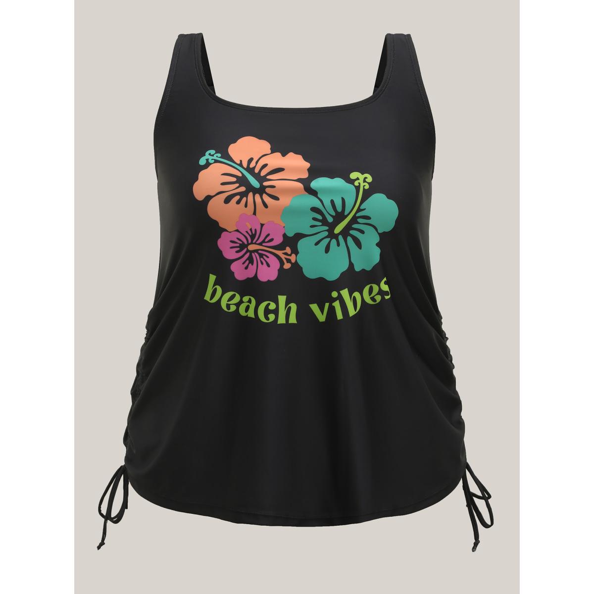 Plus Size Beachy Vibes Drawstring U-Neck Swim Top Women's Swimwear Black Resort Drawstring High stretch Bodycon U-neck Curve Swim Tops BloomChic 28/5X Product Image