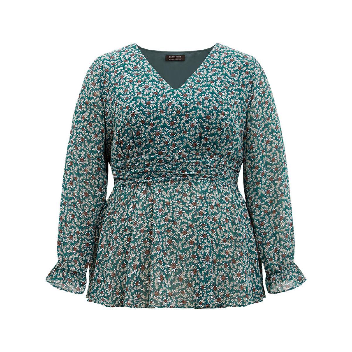 Plus Size DarkGreen Chiffon Ditsy Floral Elastic Waist Ruffle Hem Blouse Women Elegant Long Sleeve V-neck Everyday Blouses BloomChic 28/5X Product Image