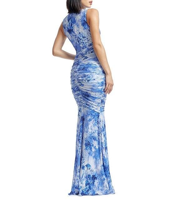 Dress the Population Violetta Graphic Print Crew Neck Sleeveless Ruched Mermaid Gown Product Image