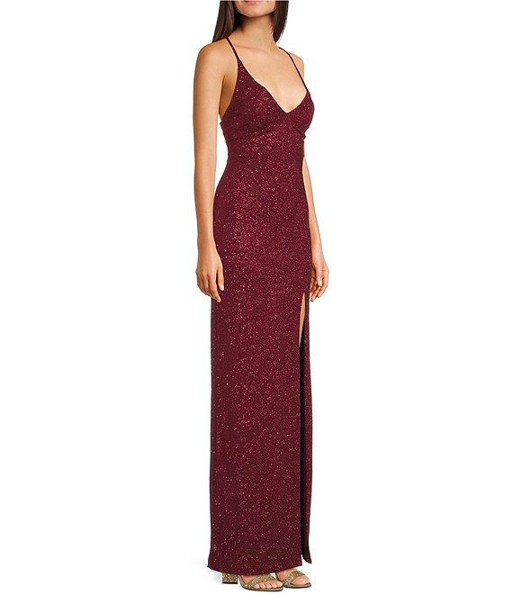 Pear Culture Spaghetti Strap V-Neck Glitter Dress Product Image