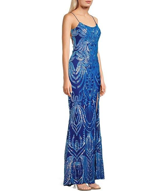 Midnight Doll Sequin Pattern Scoop Neck Spaghetti Strap Side Slit Gown Product Image