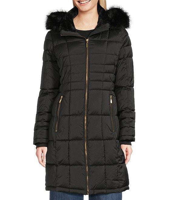 Donna Karan Faux Fur Trim Hooded Neck Zip Front Walker Puffer Coat Product Image