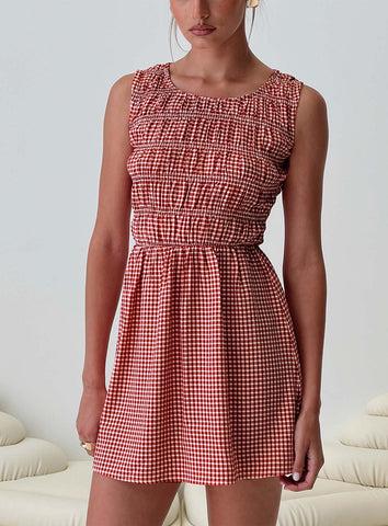 Winxie Shirred Mini Dress Red Gingham Product Image