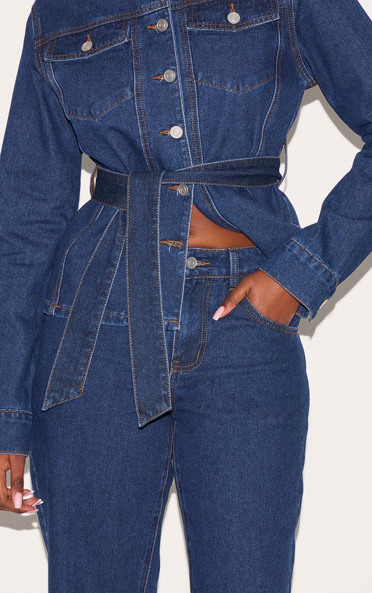 Dark Blue Mid Waist Contrast Stitch Flared Jeans Product Image