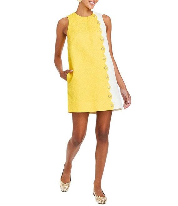 Mestiza New York Etta Floral Swirl Tonal Jacquard Color Block Side Scallop Button Trim Mini Shift Dress Product Image