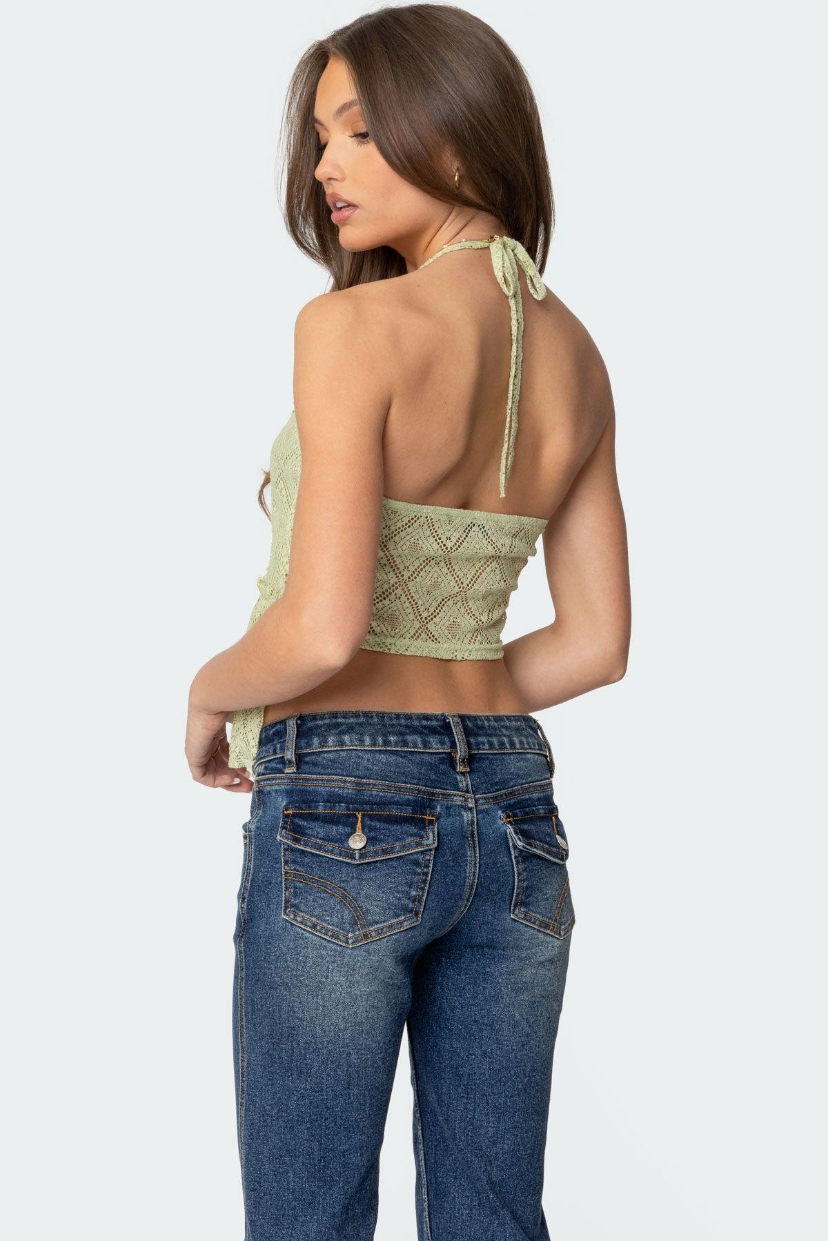 Asymmetric Sheer Lace Halter Top Product Image