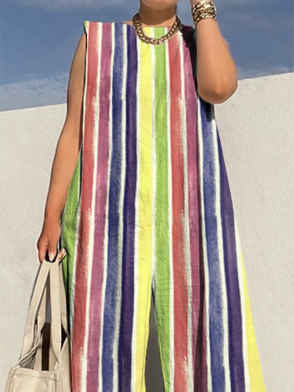 Loose Sleeveless Contrast Color Striped Jumpsuits Product Image