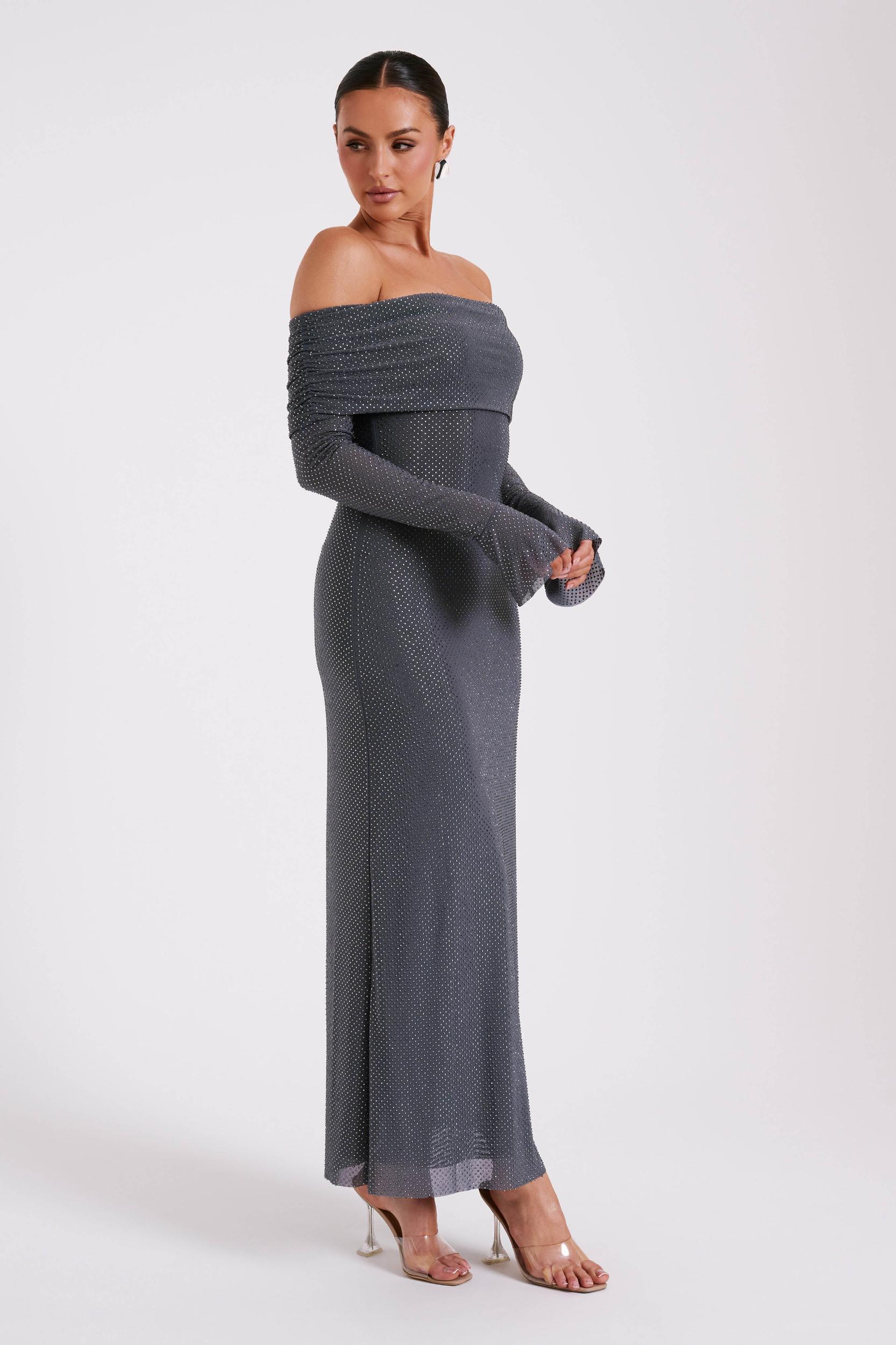Marcel Off Shoulder Diamante Maxi Dress - Gunmetal Product Image