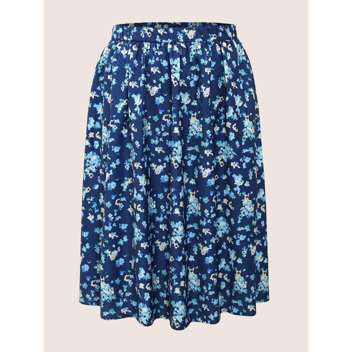 Plus Size Ditsy Floral Print Elastic Waist Pocket Midi Skirt Women Aegean Elegant Non No stretch Slanted pocket Everyday Skirts BloomChic 10/M Product Image