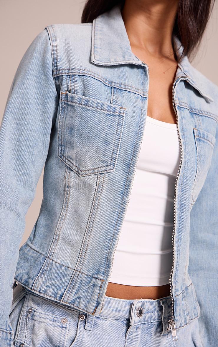 Petite Light Blue Denim Front Zip Fitted Jacket Product Image