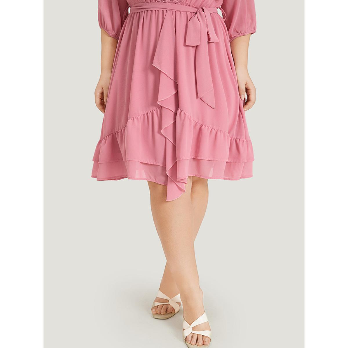 Plus Size Lace Panel Ruffle Trim Belted Lantern Sleeve Dress Pink Women Vacation Patchwork V-neck Elbow-length sleeve Curvy Knee Dress BloomChic 26/4X Product Image